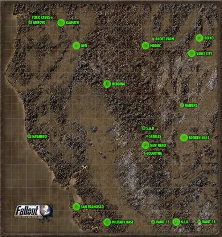 a map of Fallout 2 with directions to get to San Francisco