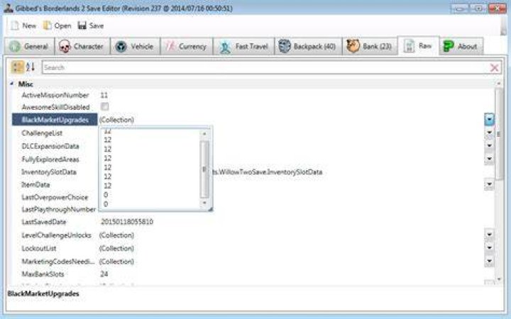 Can I edit bank/backpack space with Gibbed's save editor?