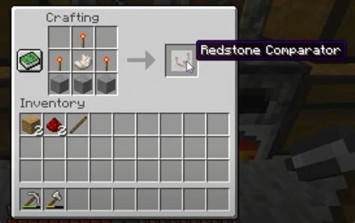 Comparator, two blocks of redstone, repeater, redstone leading to an iron door