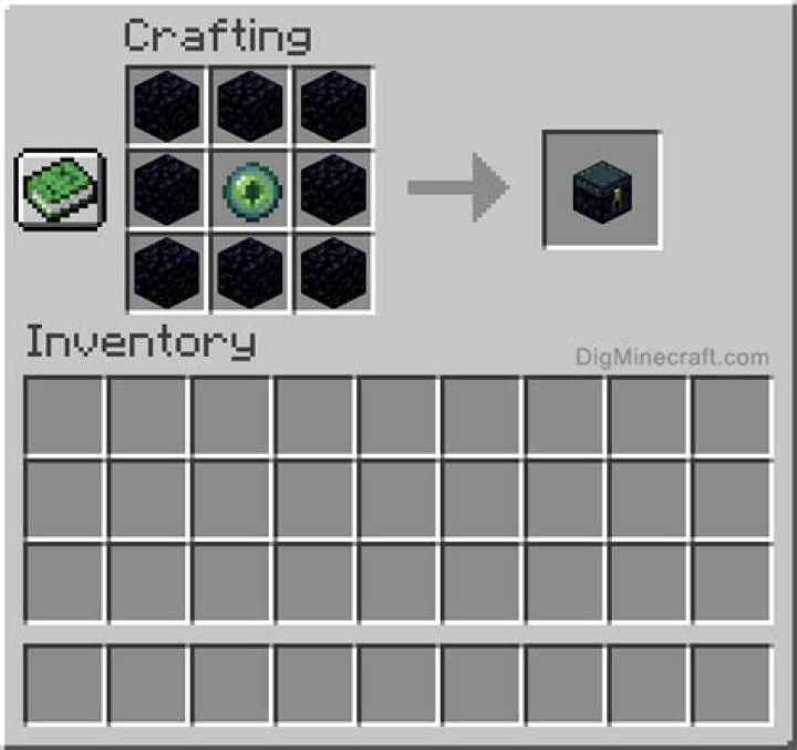 Crafting recipe for an Ender Chest showing 8 blocks of Obsidian arranged in a square with an Eye of Ender in the middle