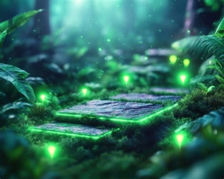glowing green trail leading off into some trees