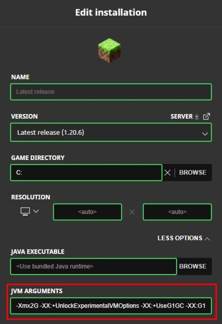 JVM Arguments Box
