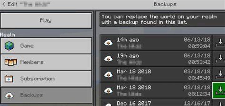 Realm Backups screen