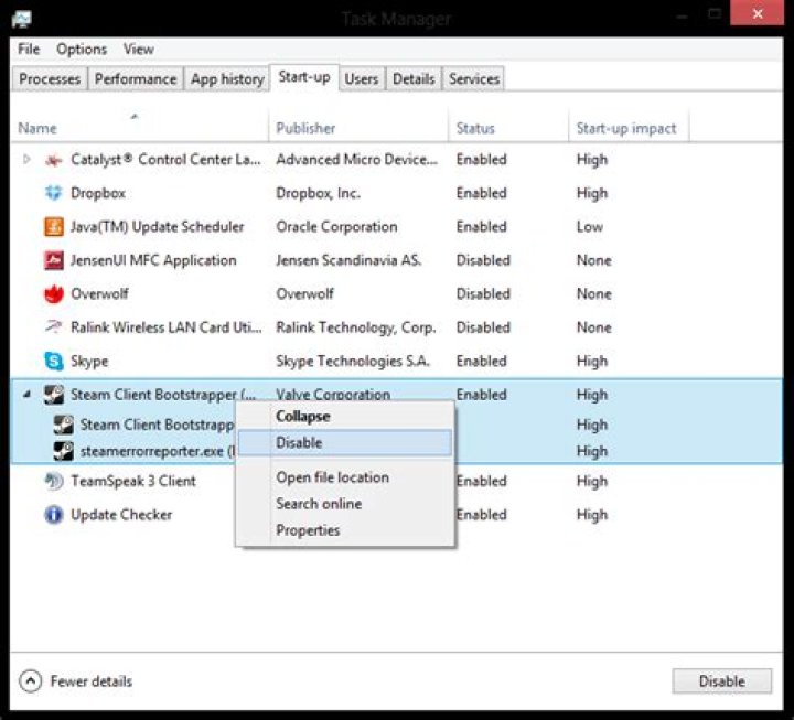Task Manager, Start-up, Steam Client Bootstrapper, Dropdown menu, Disable