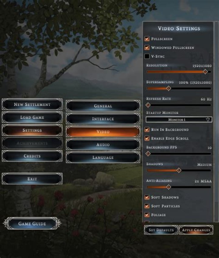 The video settings menu
