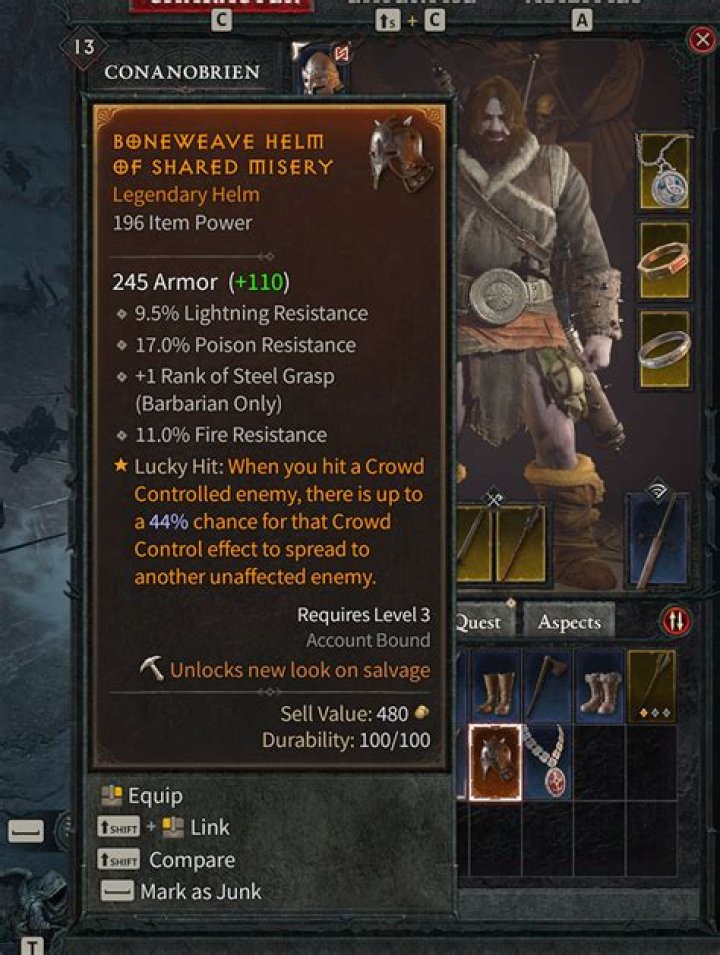 Unique Equipped on Legendary item